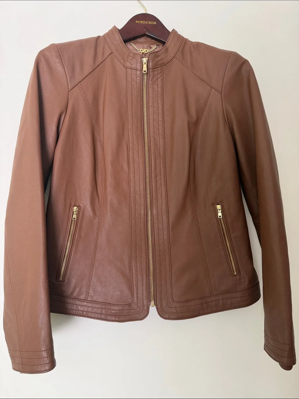 Cole Haan Japan Brown Genuine Leather Moto Jacket Gold Hardware Size M NWOT - Picture 4 of 16
